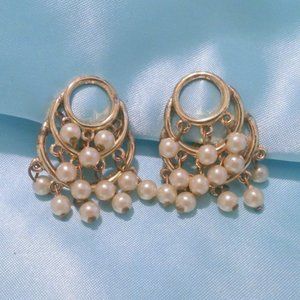 Vintage Faux Pearl Cha Cha Cluster Clip Earrings